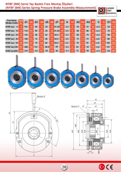 NURSAN FREN NYBF(MK) SERİSİ YAY BASKILI FREN MONTAJ ÖLÇÜLERİ NYBF(MK)05 .. NYBF(MK)200