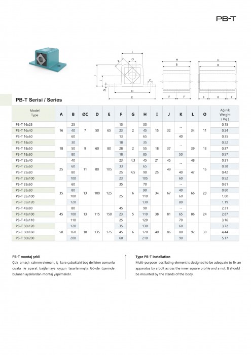 ESTA SÜSPANSİYON ELEMANLARI PB-T SERİSİ ÖZELLİKLERİ